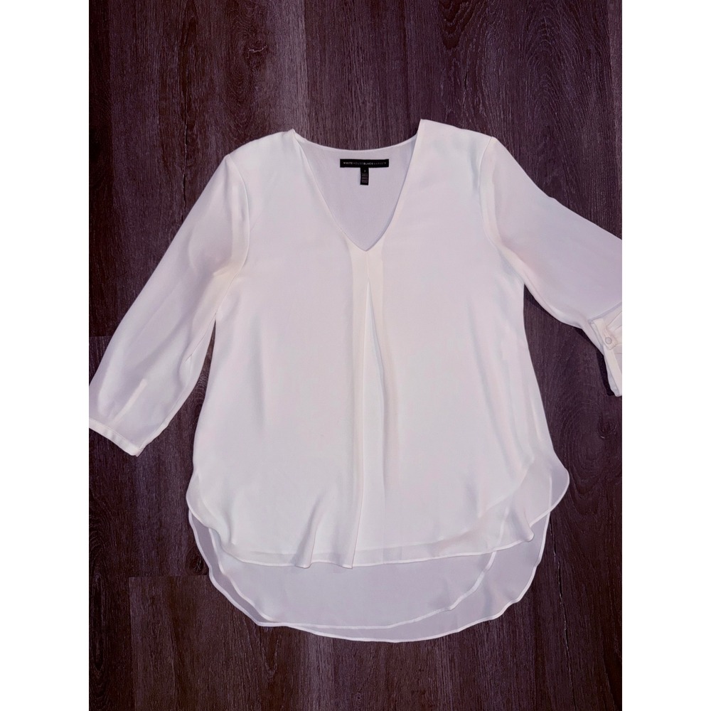 White House Black Market White V-Neck Layered High-Low Blouse 3/4 Sleeve Size 2